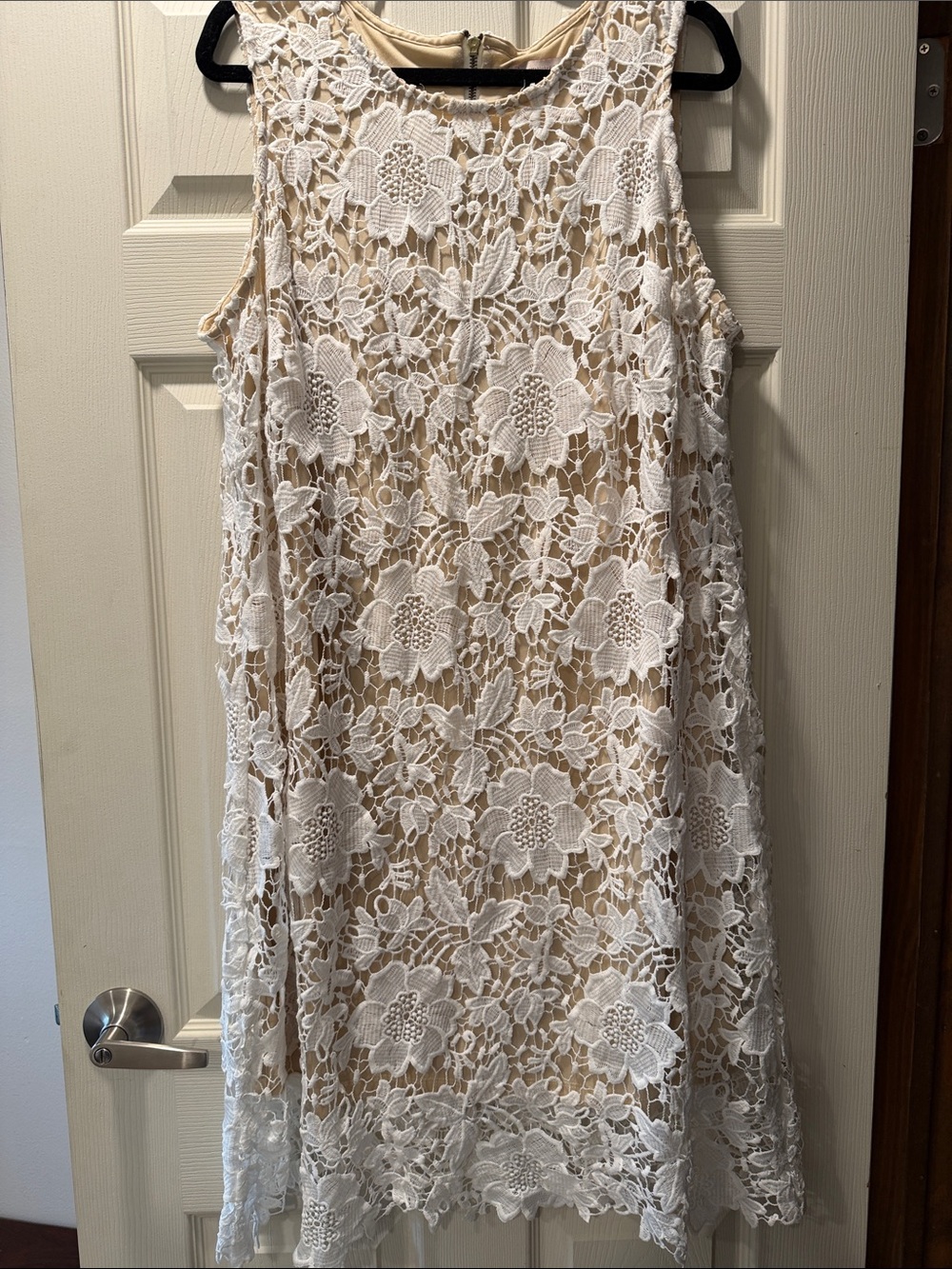 Sleeveless White Lace Midi Dress with Nude Lining